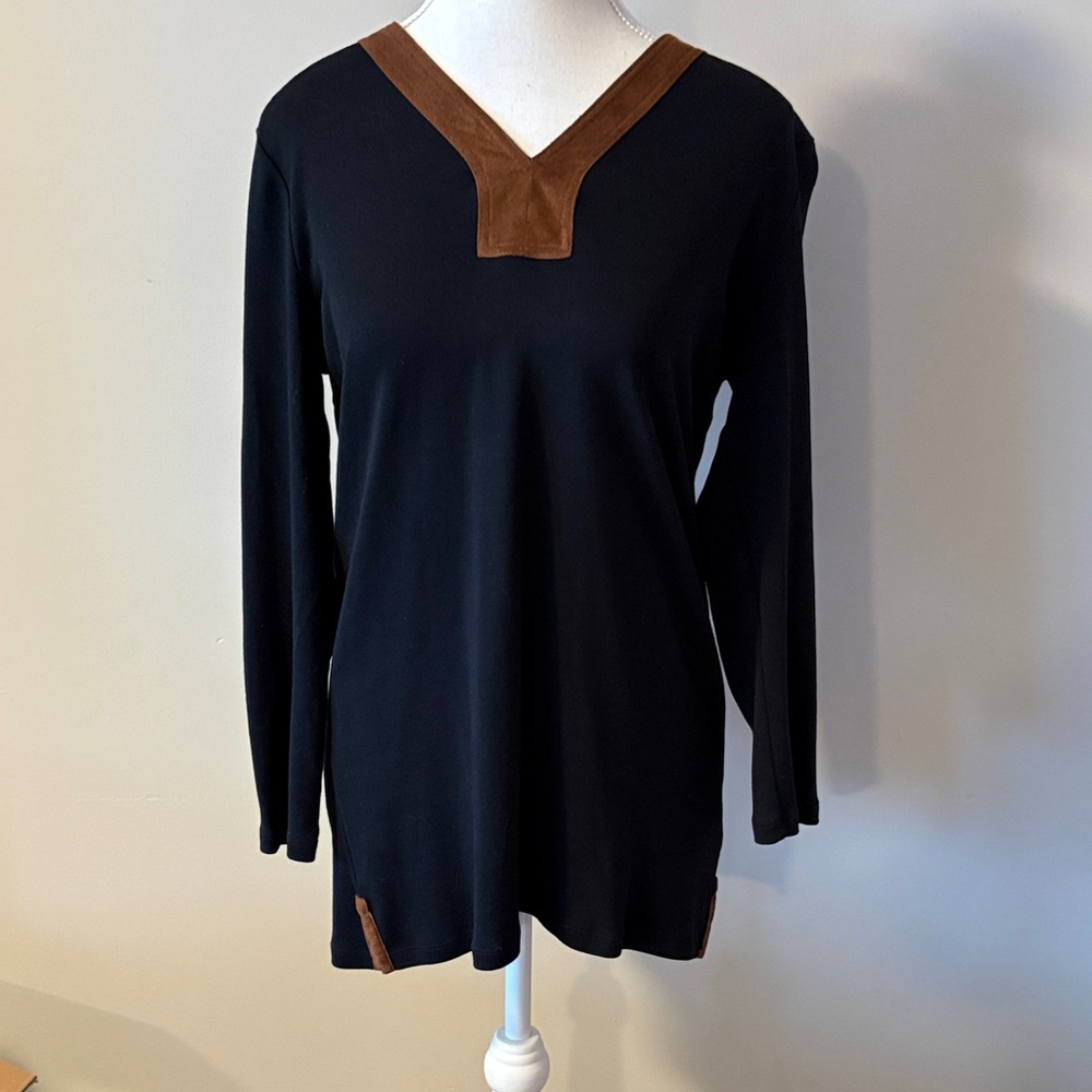 Ralph Lauren Black V-Neck Long Sleeve Top with Brown Suede Accents. Size Medium
